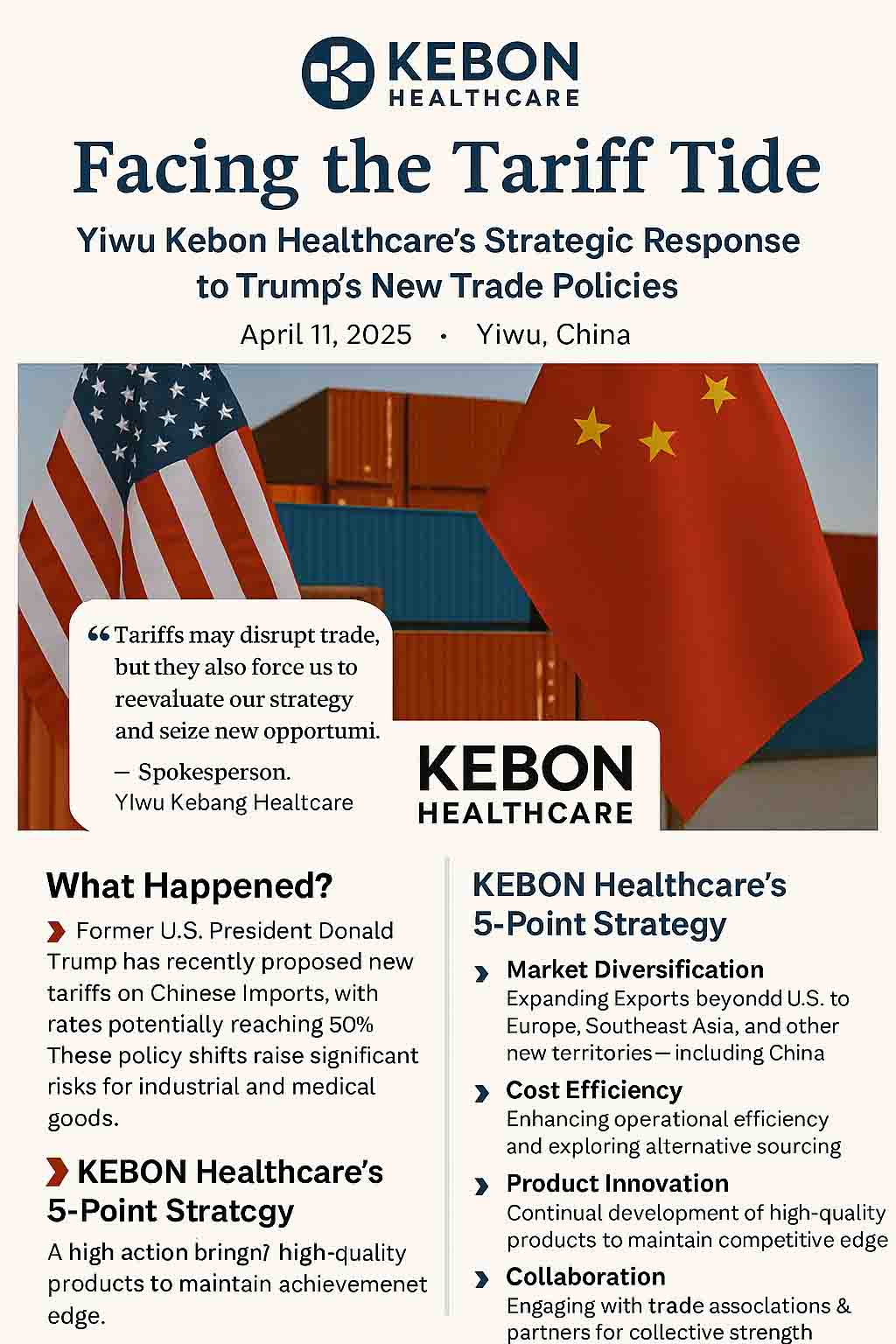 Zölle mögen den Handel stören, aber sie zwingen uns auch, unsere Strategie zu überdenken, unsere Marke zu stärken und neue Grenzen zu erkunden. “ - Sprecher von Yiwu Kebon Healthcare Co., Ltd.