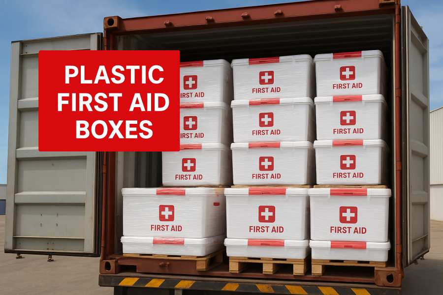 Yiwu Kebon Healthcare verschickt einen vollständigen Behälter mit Plastik -Erste -Hilfe -Boxen nach Dubai