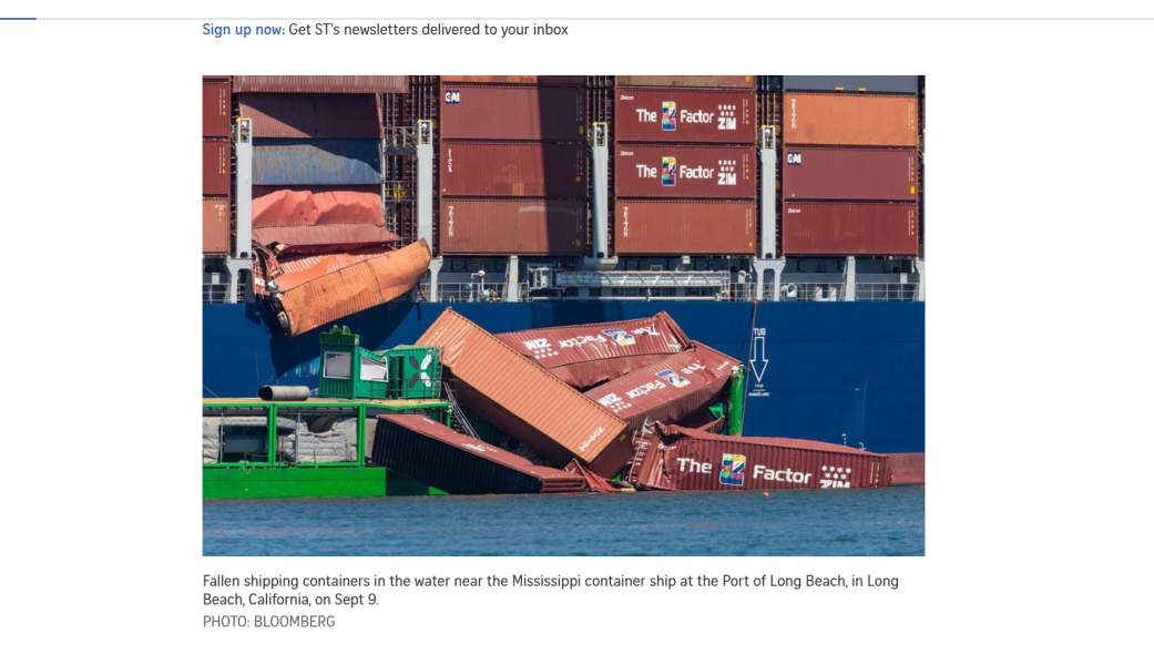 Versandcontainer stürzen über Bord vom Mississippi -Schiff in Hafen von Long Beach, einem der geschäftigsten Häfen in den USA