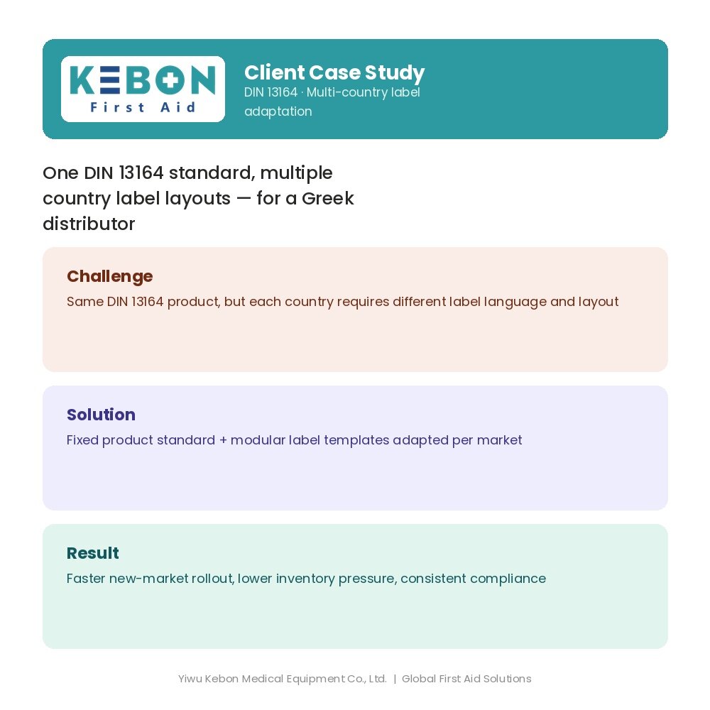 Ein Standard, mehrere Märkte: Wie Yiwu Kebon Healthcare die länderübergreifende Layout-Compliance für die DIN 13164-Erste-Hilfe-Sets eines griechischen Kunden löste